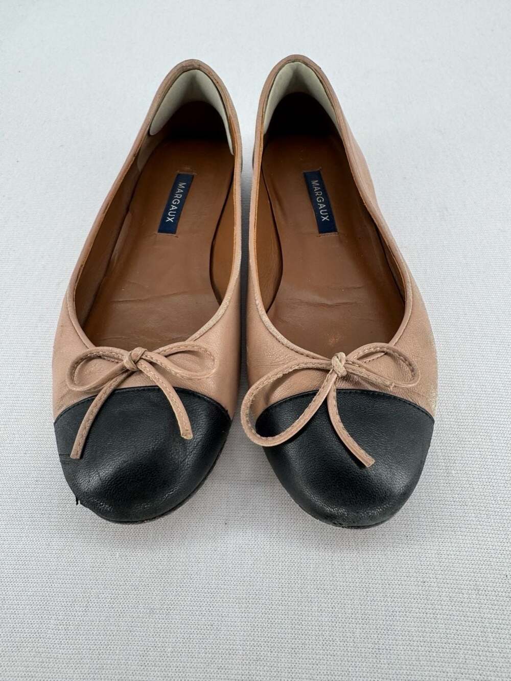 Margaux The Cap-Toe Demi Size 38 Nude Black Leather Ballet Flats